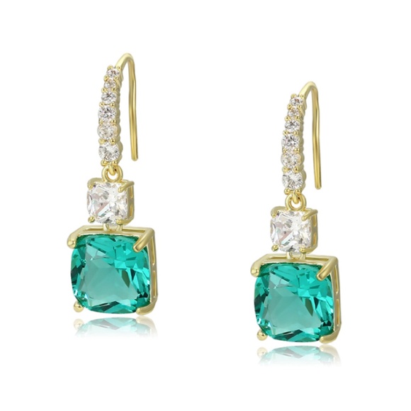 Goldtone Square Green Cubic Zirconia Drop Earrings - Picture 1 of 1
